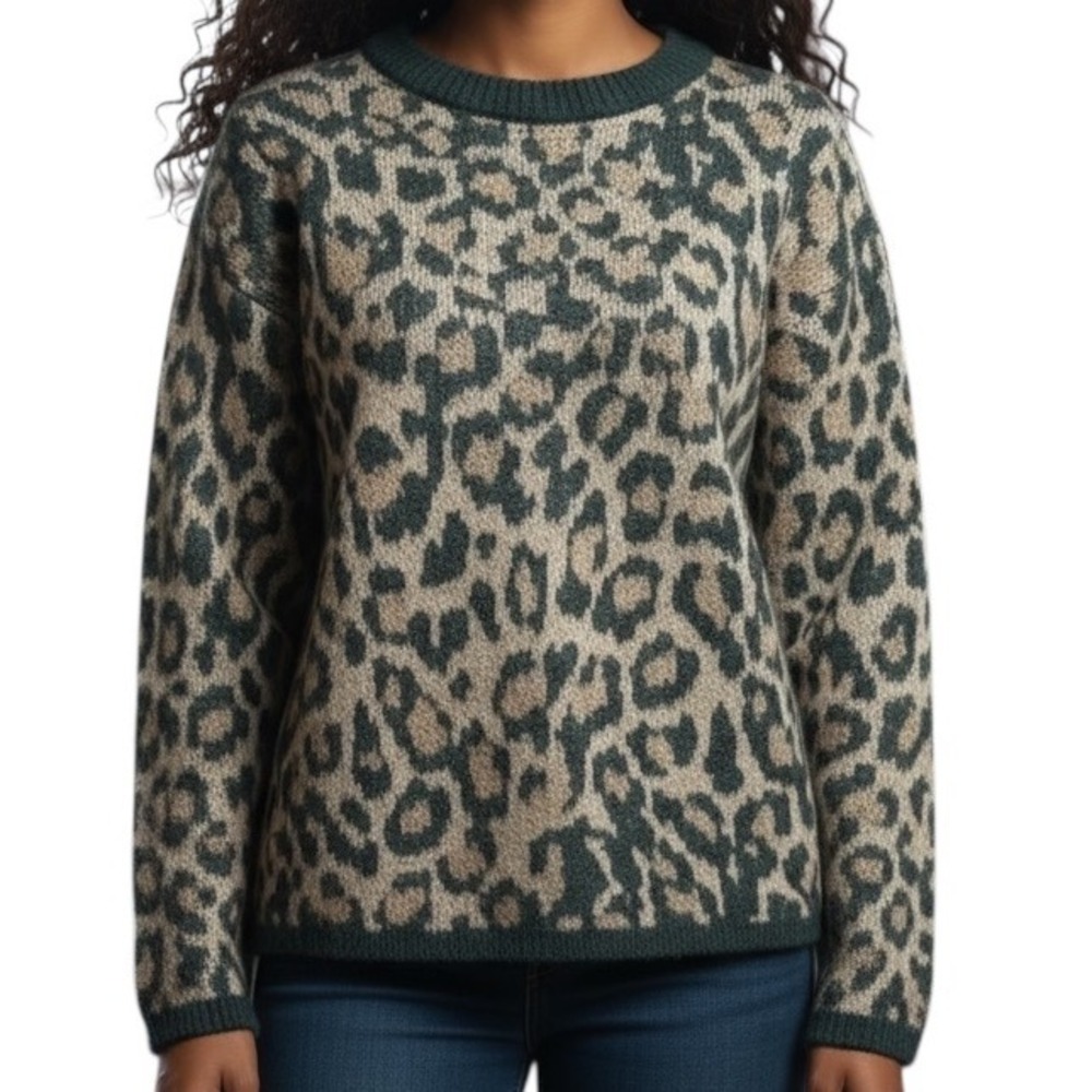 St John's Bay Womens Sweater Black and Tan Leopard Print Long Sleeve Size M